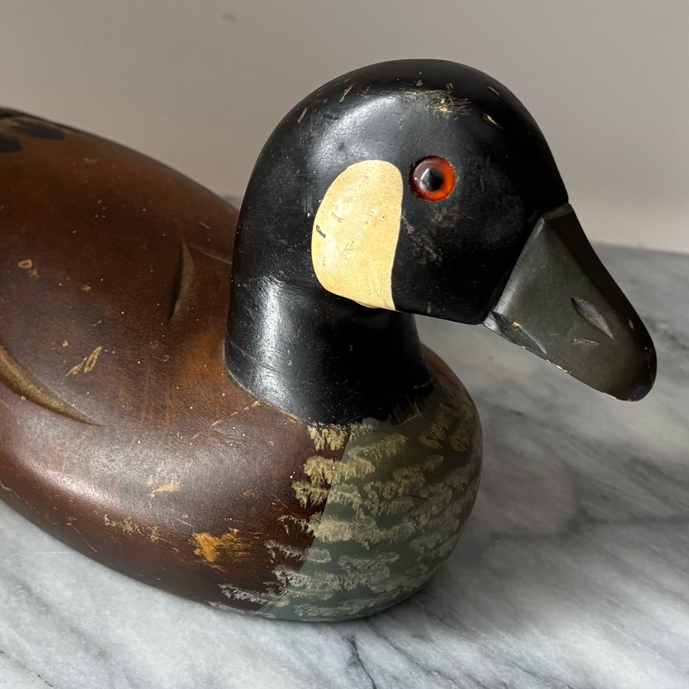 Vintage Solid Wood 13” Hand Painted  Duck Decoy w Glass Eyes Hand Carved Details